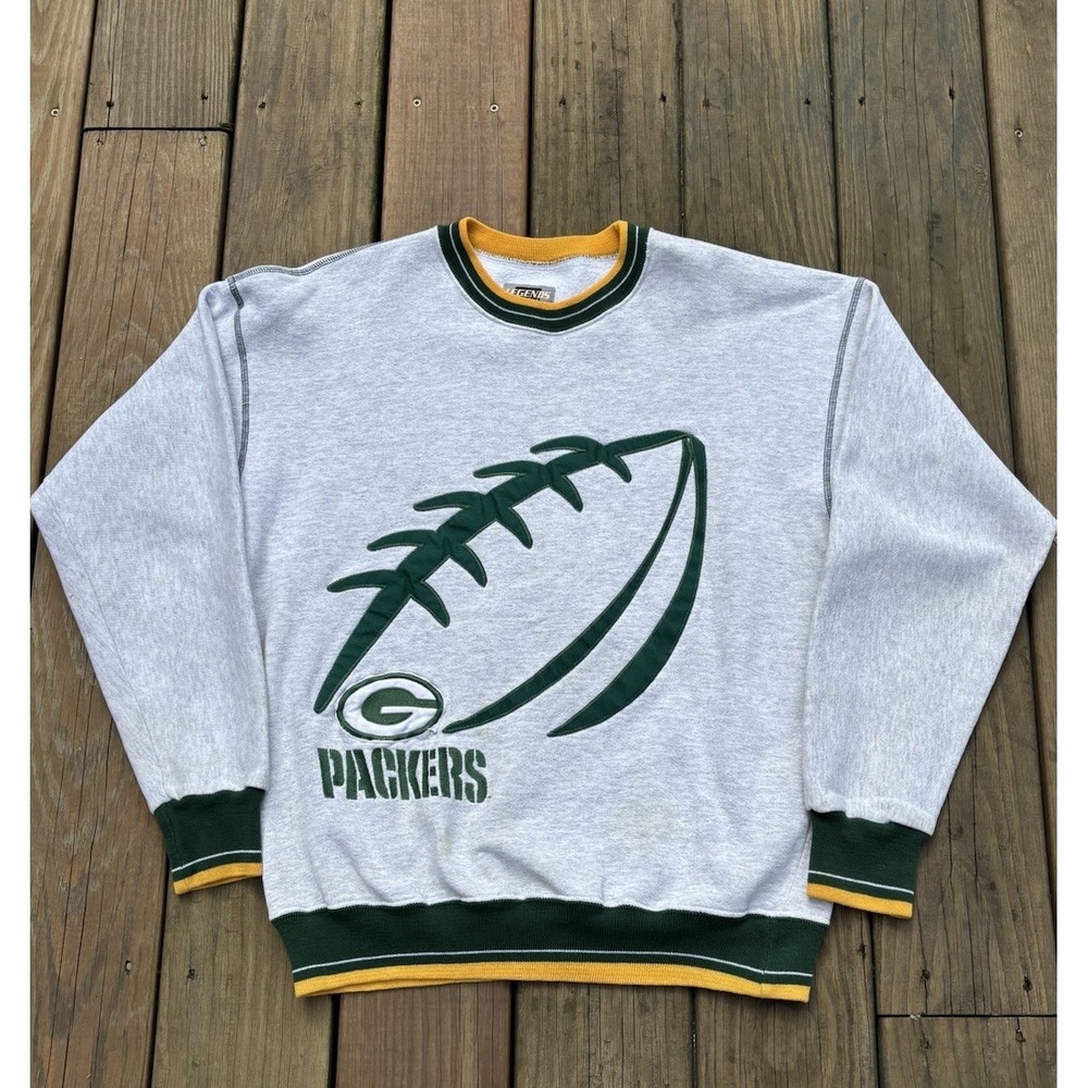 VTG‎ Green Bay Packers 90s Legends Ringer Crewneck Gray Sweatshirt Men's Large